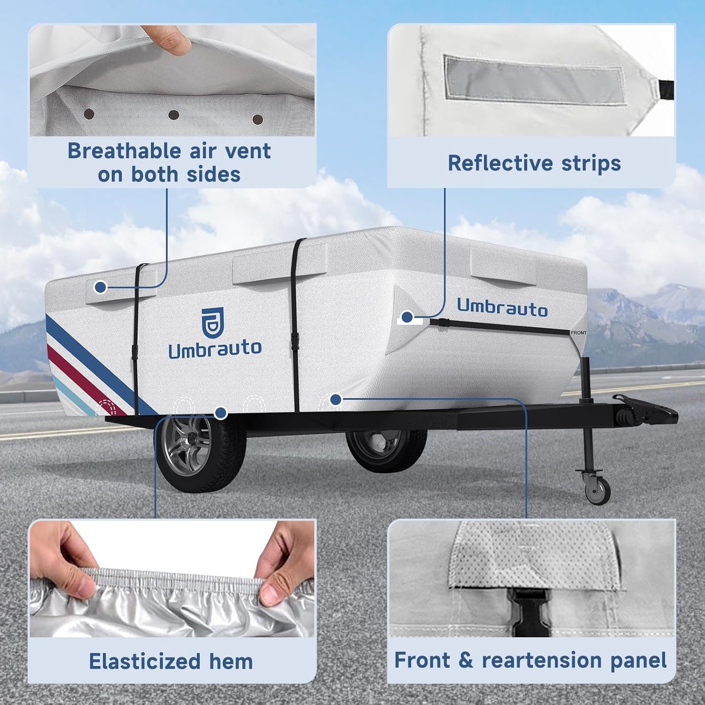 Umbrauto Pop Up Camper Cover, Folding Tent Trailers, 300D Silver Oxford, Waterproof, Windproof, Sun-Resistant, Tear-Resistant, Heavy-Duty RV Cover with Straps & Air Vents