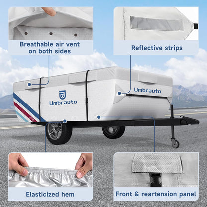 Umbrauto Pop Up Camper Cover, Folding Tent Trailers, 300D Silver Oxford, Waterproof, Windproof, Sun-Resistant, Tear-Resistant, Heavy-Duty RV Cover with Straps & Air Vents