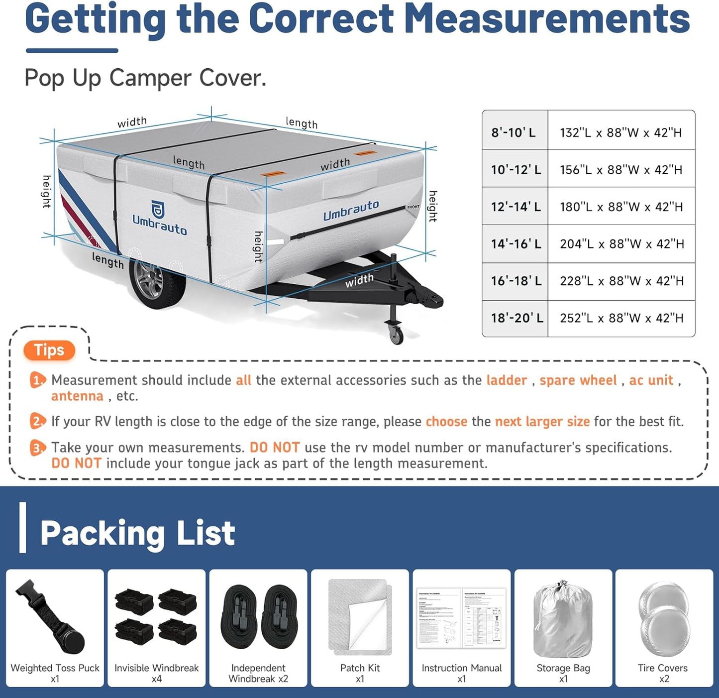 Umbrauto Pop Up Camper Cover, Folding Tent Trailers, 300D Silver Oxford, Waterproof, Windproof, Sun-Resistant, Tear-Resistant, Heavy-Duty RV Cover with Straps & Air Vents