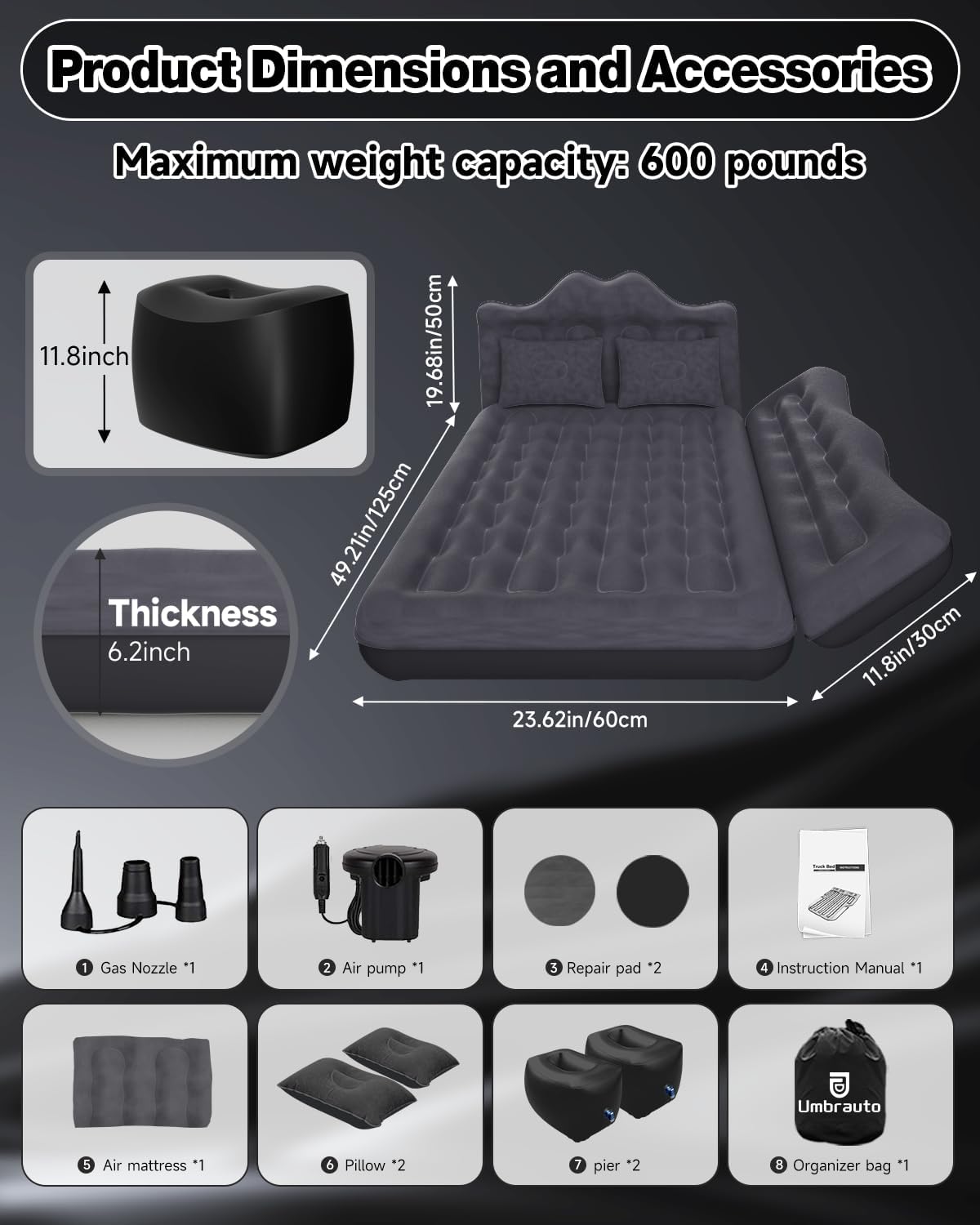 Umbrauto 23.62in/60cm Wide Inflatable Truck Mattress Car & SUV Back Seat Camping Bed with Pump
