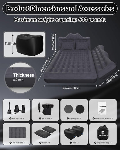 Umbrauto 23.62in/60cm Wide Inflatable Truck Mattress Car & SUV Back Seat Camping Bed with Pump