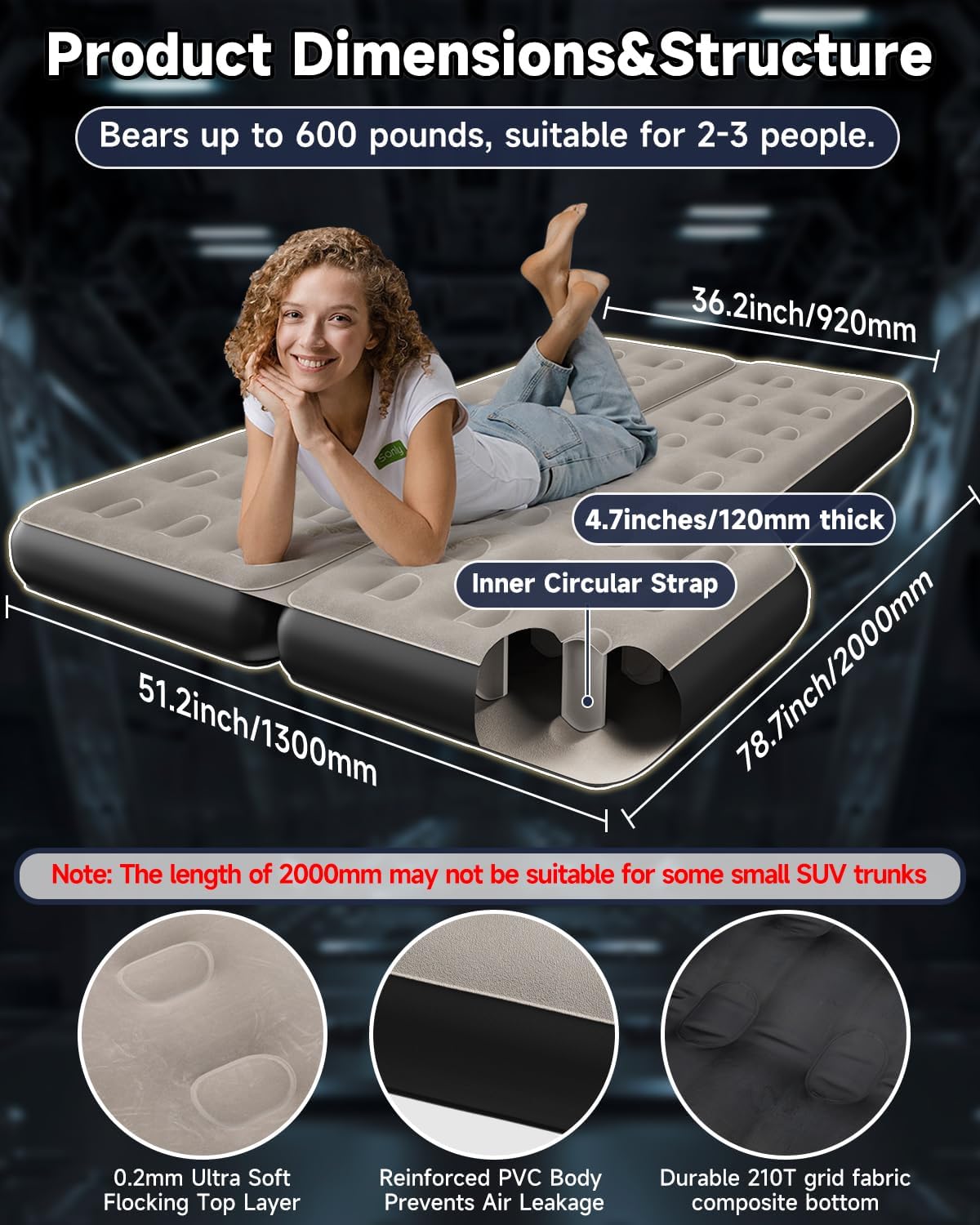 Umbrauto Thickened  SUV Back Trunk Air Mattress 3.0,Khaki Grey