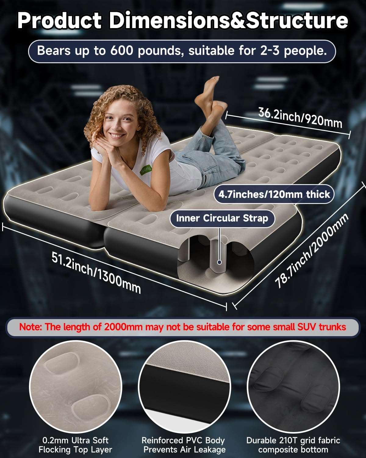 Umbrauto Thickened  SUV Back Trunk Air Mattress 3.0,Khaki Grey