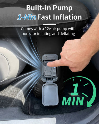 Umbrauto Back Seat Car Air Mattress with Built-in Rechargeable Pump: Cordless Inflatable Car Bed for Rear Seat Camping, 1-Click Fast Setup Thickened Flocking Sleeping Pad for Sedan, Truck & SUV