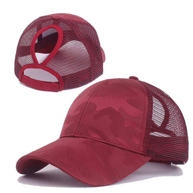 Camouflage Mesh Trucker Hat for Women | Snapback Cap with Ponytail Hole