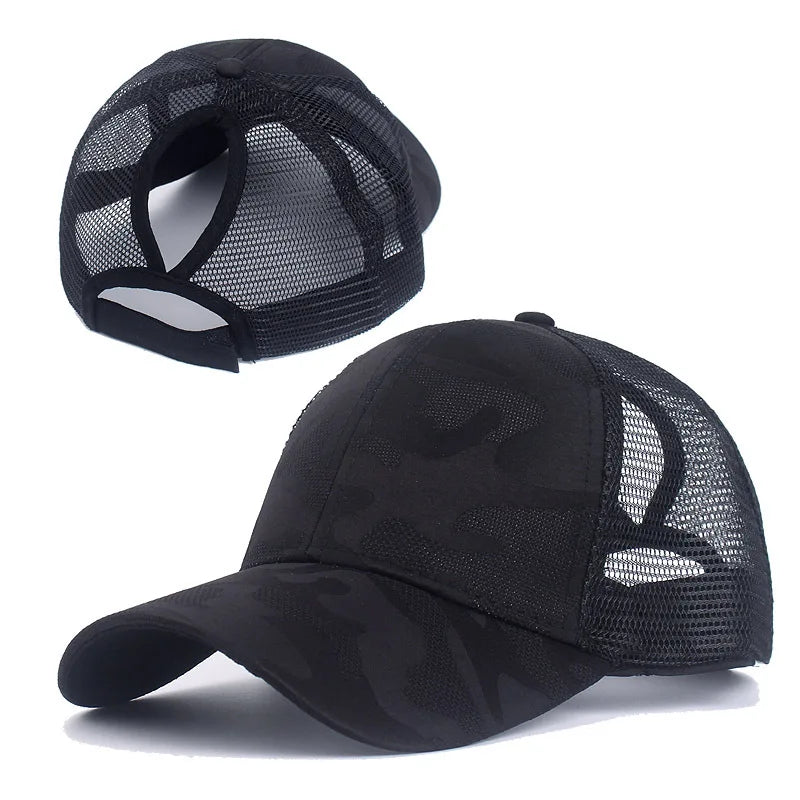 Camouflage Mesh Trucker Hat for Women | Snapback Cap with Ponytail Hole