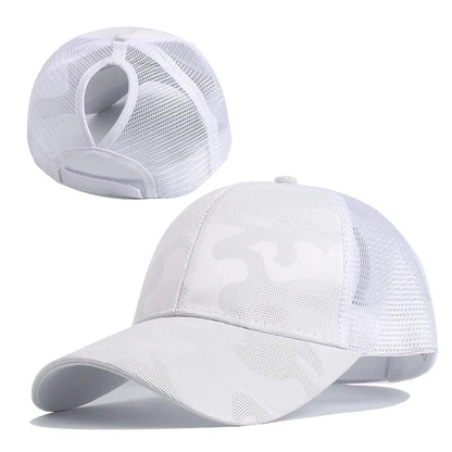 Camouflage Mesh Trucker Hat for Women | Snapback Cap with Ponytail Hole