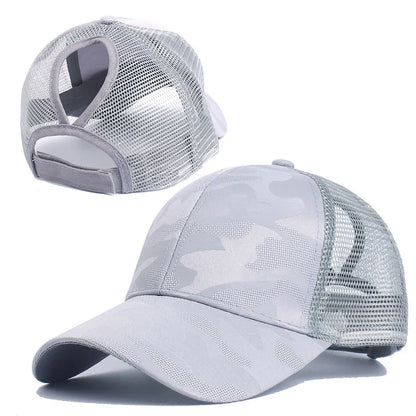 Camouflage Mesh Trucker Hat for Women | Snapback Cap with Ponytail Hole