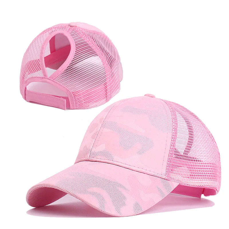 Camouflage Mesh Trucker Hat for Women | Snapback Cap with Ponytail Hole