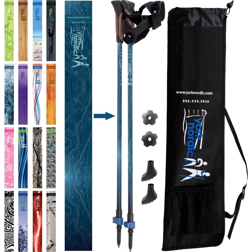 Official Nordic Walking Poles - True Nordic Glove Grip w-flip locks, detachable feet and travel bag - pair - For Heights up to 6’2”
